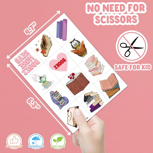 96 PCS Reading Book Library Pre-Cut Temporary Tattoos Sticker Booklish Nerd Birthday Party Decorations Favors Supplies Gifts Boys Girls Teachers Adult Tattoo School Reward Themed (Normal)