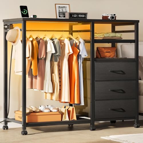 LED Dresser with 3 Drawers & Hanging Rack - Black - Multifunctional Bedroom Storage