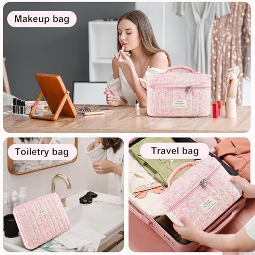 Pink Floral Quilted Makeup Bag Set – Large Travel Cosmetic Pouches for Women and Girls