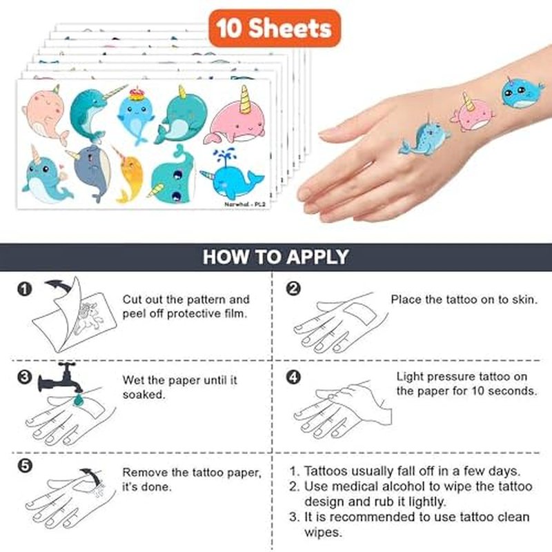 107 PCS Cute Narwhal Temporary Tattoos Themed Birthday Party Supplies Decorations Favors Decor Under The Sea Baby Tattoo Stickers Gifts For Boys Girls Class Prizes Carnival