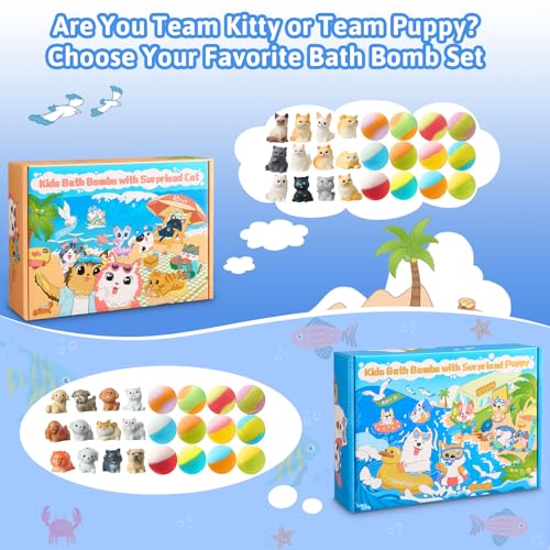 Bath Bombs for Kids with Surprise Inside, 24 Pack Kids BathBombs with Puppy & Cat Toys, Child-Safe Natural Bath Bombs with Toys Inside for Girls and Boys, Birthday Party Favors