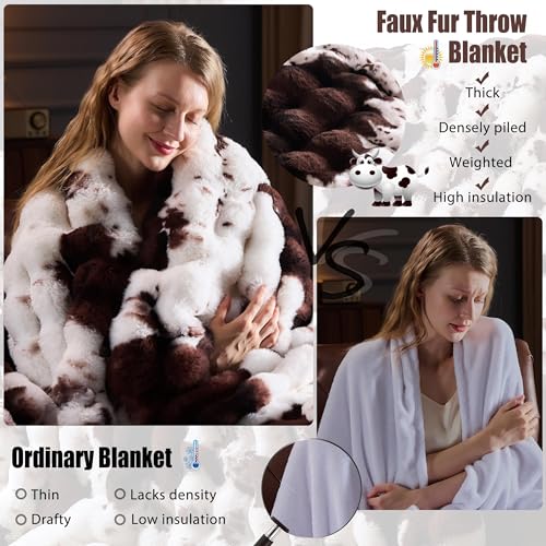 PLUUSHUU Cow Print Brown Faux Fur Throw Blanket 108x90 Inch for Couch & Bedroom