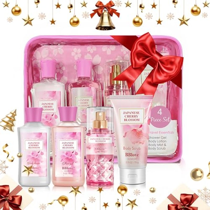 Bath and Body Gift Set for Women and Girls,Japanese Cherry Blossom,4PCS Set for-Shower Gel,Body Lotion,Body Mist,Exfoliating Scrub,Body Care Travel Set for Birthday Mother's Day Gifts