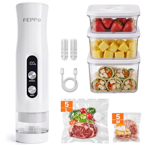 FEPPO Compact Vacuum Sealer with 3 Containers & 10 Bags - Powerful Food Preservation Kit