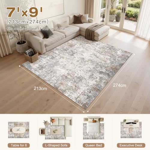 7x9 Area Rug - Washable Neutral Abstract Living Room Carpet - Brown Grey