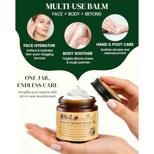 Beef Tallow for Skin: Whipped Beef Tallow Cream for Face & Body, Natural Moisturizing Cream with Honey and Beeswax, Grass-Fed Beef Tallow &Honey Blend, Lightweight Hydration for Dry Skin, 4.2Oz