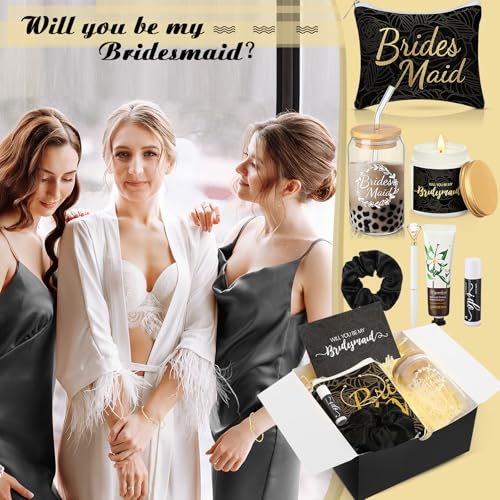 Black Bridesmaid Proposal Gift Set with Glass Cup & Makeup Bag - 14 Pieces