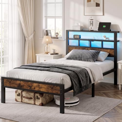Vintage Brown Twin Bed Frame with Charging Station & LED Lights