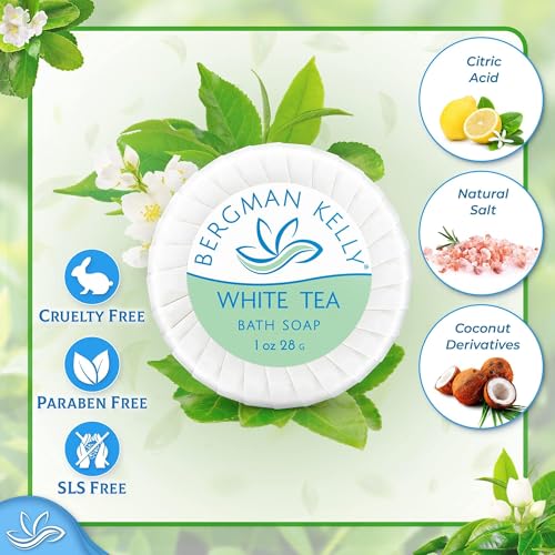 BERGMAN KELLY - Hotel Soap Bars - White Tea, 1 oz, 200 PK - Travel Size Luxury Bulk Amenities Bar Soap - Mini Individually Wrapped Round Soap - Small Toiletries for Airbnb, Motel, Guest Bathroom