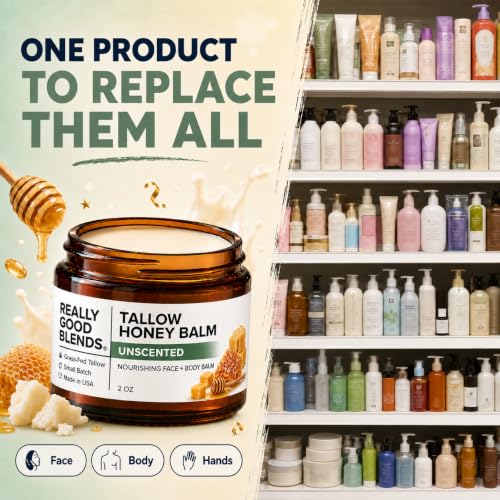 Unscented Tallow Honey Balm - Organic Grass-Fed Body Moisturizer, Handmade in USA