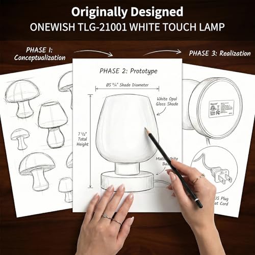 ONEWISH Set of 2 Modern Touch Bedside Table Lamps, White Opal Glass Shade, 3-Way Dimmable Nightstand Lamps, Non-USB