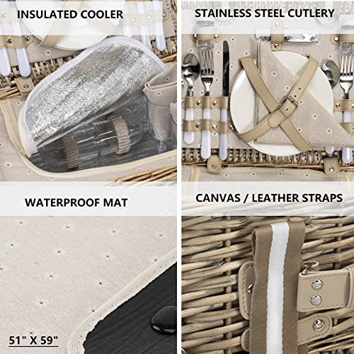 Grey 31-Piece Picnic Basket Set for 4 with Insulated Cooler & Waterproof Blanket
