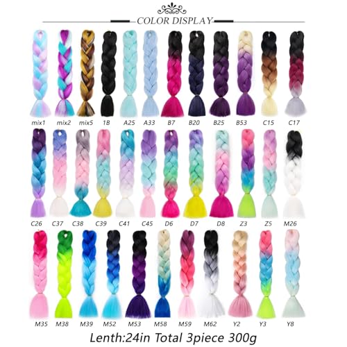 Rainbow Braiding Hair Extensions 24in, Pre-Stretched Synthetic Multicolor 6 Packs - Rouge Pink-Purple-Blue-Green