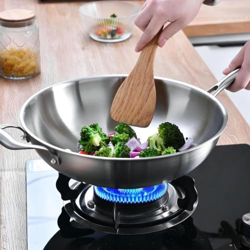 LOLYKITCH 14.5 Inch Tri-Ply Stainless Steel Wok Pan No Lid