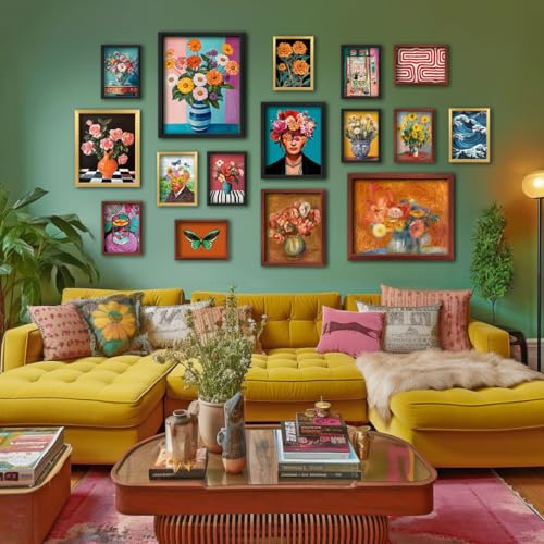 12x15 Framed Eclectic Wall Art Set - Maroon, 16 Pieces Mid-Century Modern Gallery Wall Decor