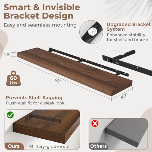 48 Inch Floating Wall Shelves with 9-Inch Depth, Walnut Finish, 2-Pack, 60 Lb Capacity, Wall Mountable