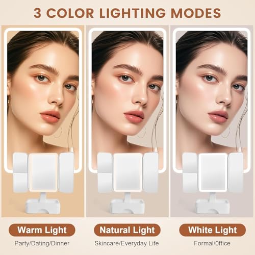 Tri fold Makeup Mirror with Lights,Storage,Magnification,Lighted Makeup Mirror with Storage,Vanity Mirror with Lights, Small Vanity Mirror