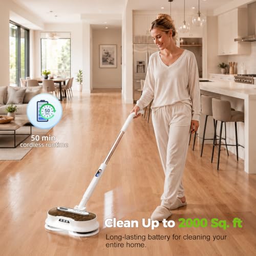 Cordless Electric Mop with Spray & Detachable Water Tank - White+Gold