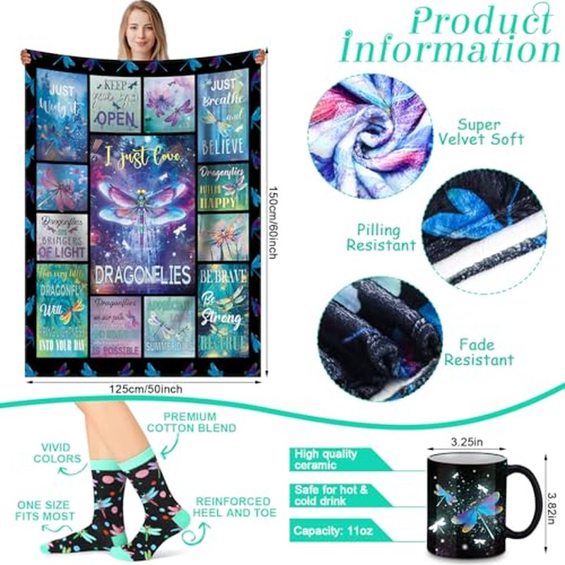 12 Pcs Dragonfly Gifts for Women Dragonfly Blanket Socks Bracelet Tote Bag Mug Cup Coasters Keychain Notebook Greeting Card Dragonflies Gift Set for Women Birthday Christmas