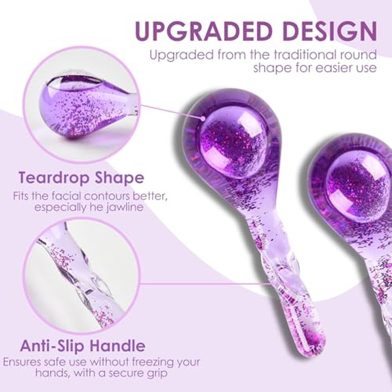 Facial Ice Globes, Cryo Cooling Balls with Anti-Slip Handle for Face, Eyes & Neck, Relaxing Beauty Massage Tool for Soothing and Refreshing Skincare Routine, Glitter Purple