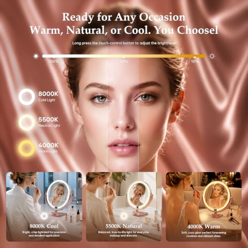 1X/30X Makeup Mirror with Lights - Rose Gold, Dimmable LED Vanity Mirror