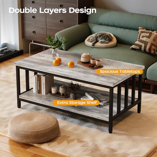 Homeiju 39.4 Inch Modern Farmhouse Coffee Table with 2-Tier Storage, Grey Wash