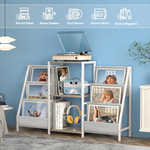 Tewinko Record Player Stand with Vinyl Storage - Two-Side White & Grey