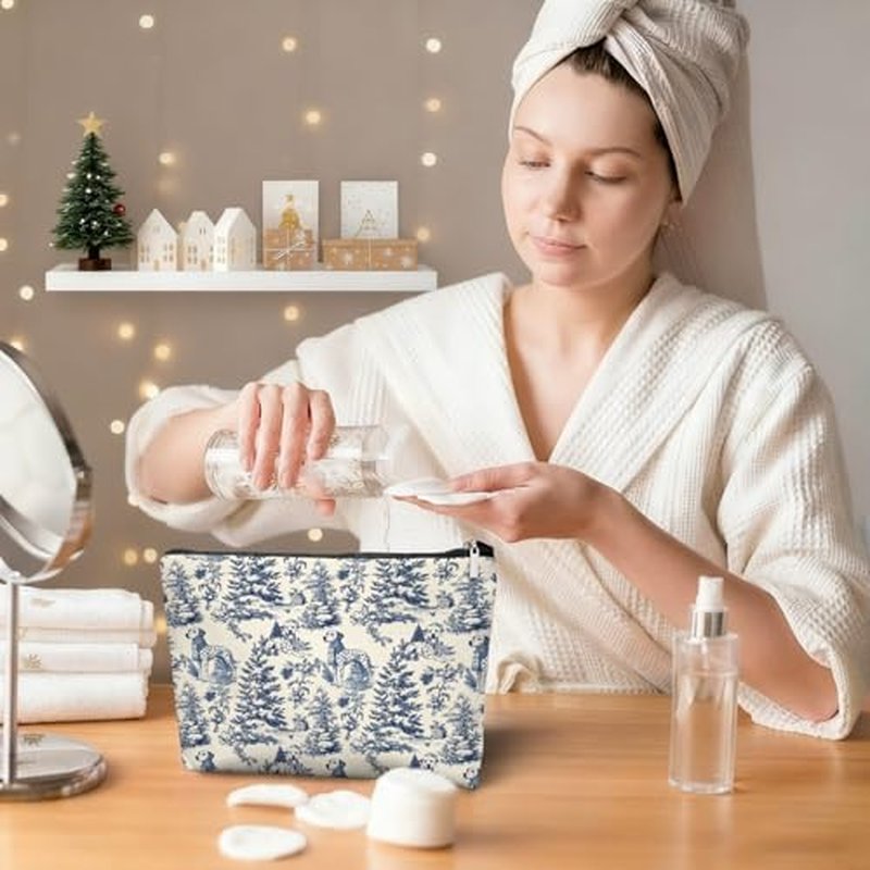 Blue Toile Dalmatian Christmas Makeup Bag for Women, Vintage Dog Print Cosmetic Pouch, French Country Holiday Travel Toiletry Bag, Cute Dalmatian Lover Gift