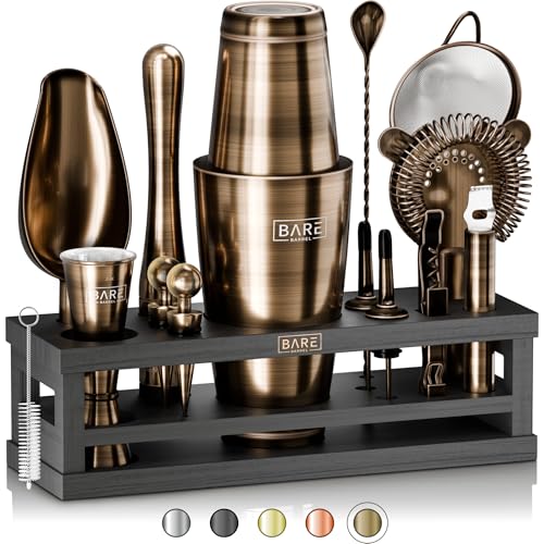 Mixology Bartender Kit Bar Set with Brass/Black 28oz Boston Shaker - Includes 16 Tools & Recipe Cards