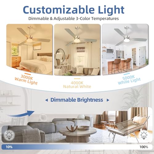 52 Inch Modern Nickel LED Ceiling Fan with Light and Remote - Sand Nickel