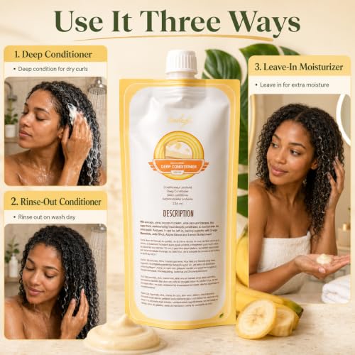 Ecoslay Banana Cream Deep Conditioner 8 oz - Nourishing Hair Mask for Dry, Damaged & Curly Hair - Plant-Based Treatment - Variation: 8 Fl Oz Pack of 1