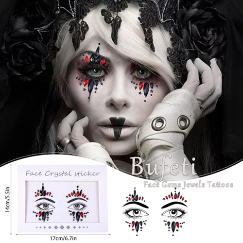 4 Pieces Face Gems Jewels Tattoos for Halloween, Day of the Dead Glitter Skull Spider Web Clown Crystals Rhinestones Makeup Stickers for Women Halloween Festival Rave Party Outfit