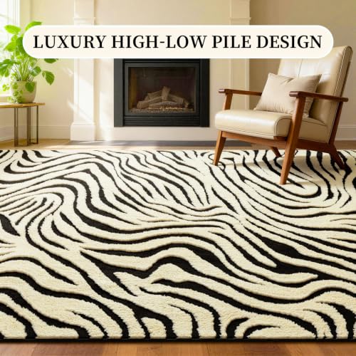 Zebra Pattern 5x7 ft Washable Area Rug for Living Room - Non-Slip Black & White Abstract Carpet - Nursery, Bedroom, Office Decor