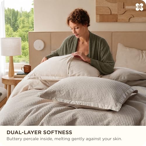 Bedsure Cotton Waffle Duvet Cover Set - Queen Linen, No Comforter, 3 Pieces