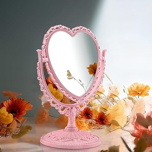 Pink Heart Vanity Mirror - Double Sided 360 Degree Swivel - Aesthetic Makeup Cosmetic Mirror for Table Desk Countertop Dresser Coquette Bathroom Bedroom Decor