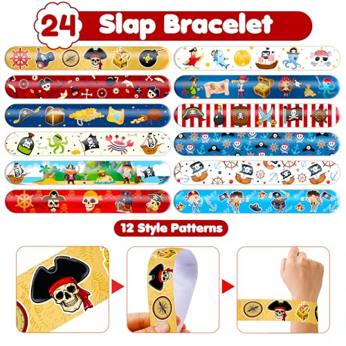 48PCS Pirate Party Set - 24PCS Temporary Tattoos & 24PCS Slap Bracelets - Treasure Hunt-Themed Birthday Supplies, Baby Shower Gifts, Classroom Rewards & Party Decor for Kids (Boys & Girls)