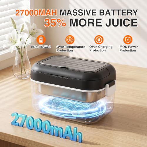 Cordless Heated Lunch Box 27000mAh App Control 1.5L Black - Portable Food Warmer