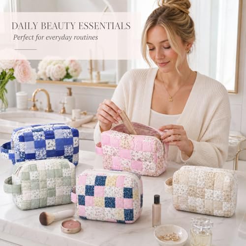 Large Quilted Makeup Bag 5 Pack with Handle Travel Cosmetic Organizer