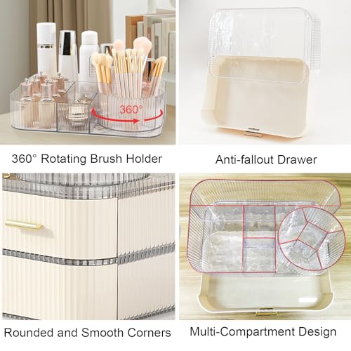 DASITON Makeup Organizer with Drawers and Rotating Makeup Brush Holder,Large Capacity Stackable Cosmetic Organizer Countertop,Bathroom Organizers and Storage,Make up Organizers for Vanity (Clear 03)