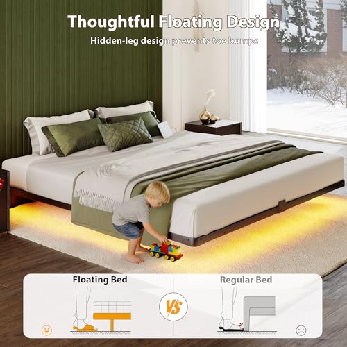 Black King Size Floating Bed Frame with LED Lights & Charging Station - Modern Levitating Platform Bed