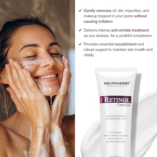 Neutriherbs PRO Retinol Face Wash, Daily Facial Cleanser for Anti-Aging, Nourishing, & Moisturizing with Amino Acid Foam, Hyaluronic Acid, and Vitamin E ? 4 fl. oz.