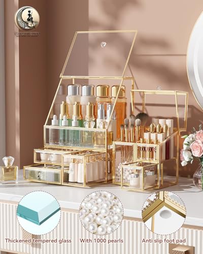 CoralHouse Clear Glass Makeup Organizer with Brush Holder - Modular Vanity Storage