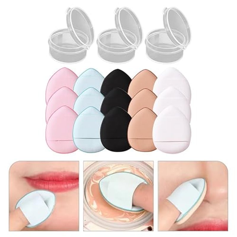 Mini Fingertip Powder Puff Set 15 Pcs Washable Makeup Sponges with Case for Precise Facial Foundation Application Cream Liquid Cosmetics
