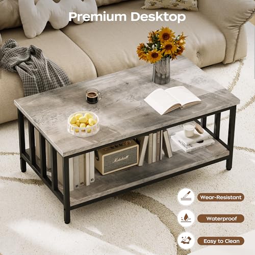 Homeiju 39.4 Inch Modern Farmhouse Coffee Table with 2-Tier Storage, Grey Wash