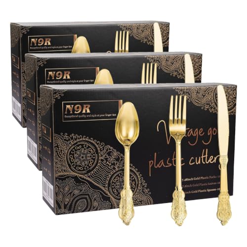 N9R 300PCS Gold Plastic Silverware Set - Vintage Disposable Utensils for Parties