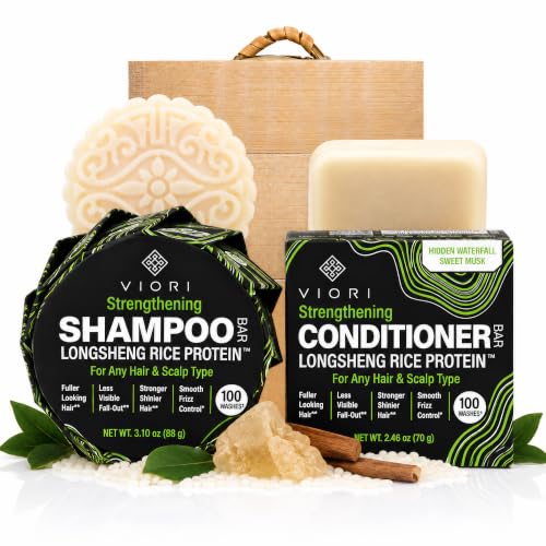 Viori Strengthening Shampoo & Conditioner Set with Bamboo Holder - Hidden Waterfall