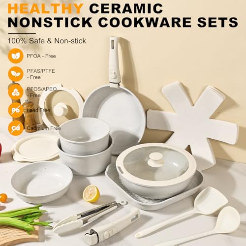 20PCS Non-Stick Ceramic Cookware Set with Detachable Handles - Oven & Induction Compatible