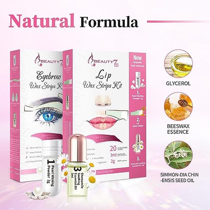 Beauty7 Wax Strips Kit, 2 SETS IN ONE PACKAGE. Eyebrow & Lip Facial Hair Removal with Pearl Powder Essential Oil for All Skin Types Women