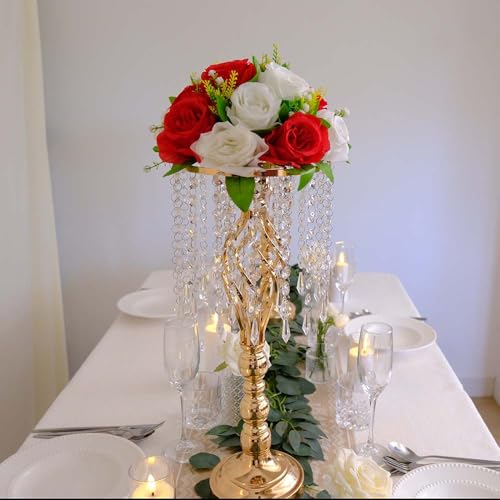 6 Pieces 21.65 Inch Wedding Gold Flower Centerpieces Crystal Metal Vase Set - Elegant Table Decor