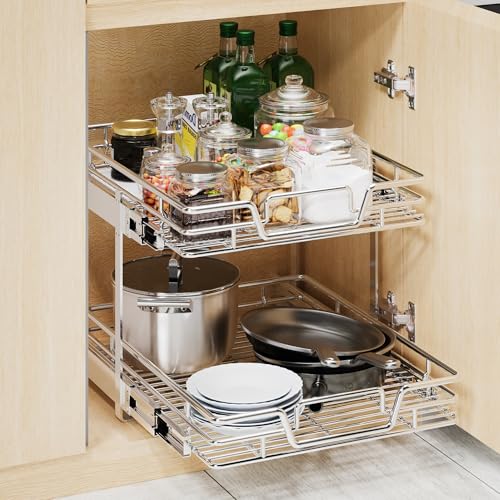 2-Tier Pull Out Kitchen Cabinet Organizer - 17" W x 21" D Shelf & Drawer Storage